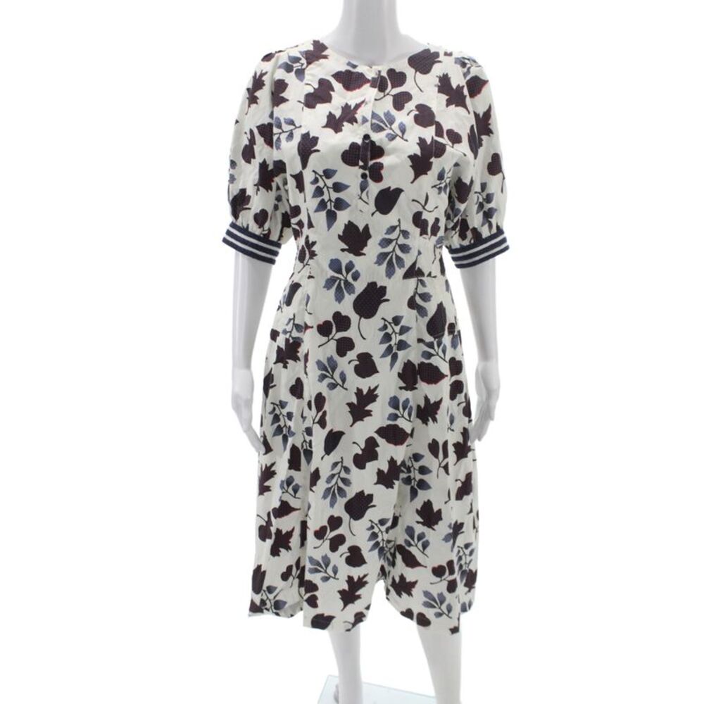 Warm Womens White Floral Shirt Dress 100% Cotton Short Sleeve Midi Size M